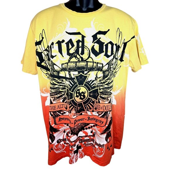 Sacred Soul Yellow & Orange Graphic Tshirt XL 100% Cotton Bold Design USA Made - Picture 1 of 8